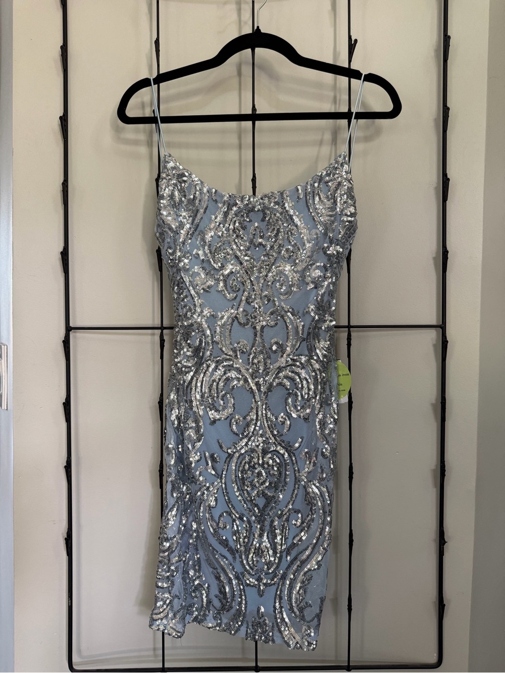 NWT Windsor Silver Sequin Light Blue Spaghetti Strap Mini Dress